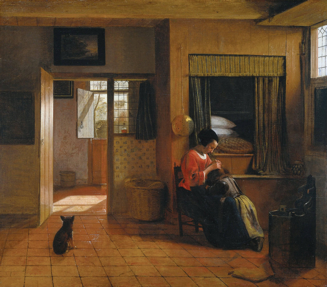 Interior with a Mother delousing her Child by Pieter de Hooch — hand-painted portrait oil painting reproduction on canvas