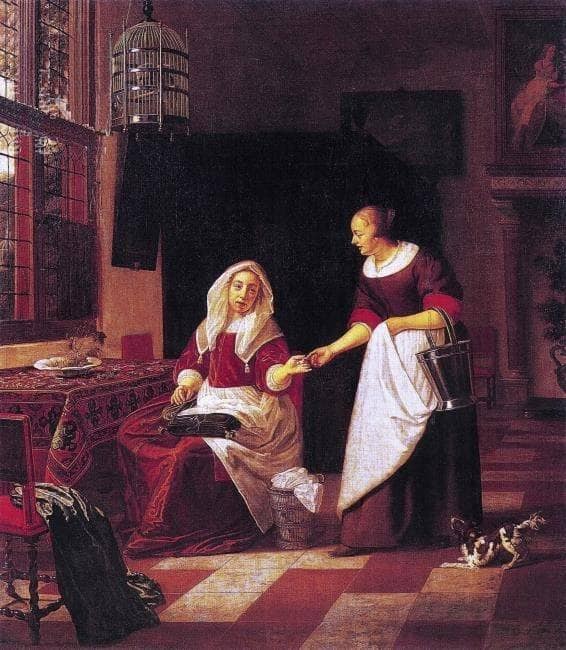 Interior with a Woman and Her Maid by Michiel van Musscher — hand-painted portrait oil painting reproduction on canvas
