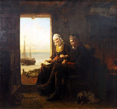 Interior with an elderly couple and a view of the sea by Rudolf Jordan — oil painting reproduction