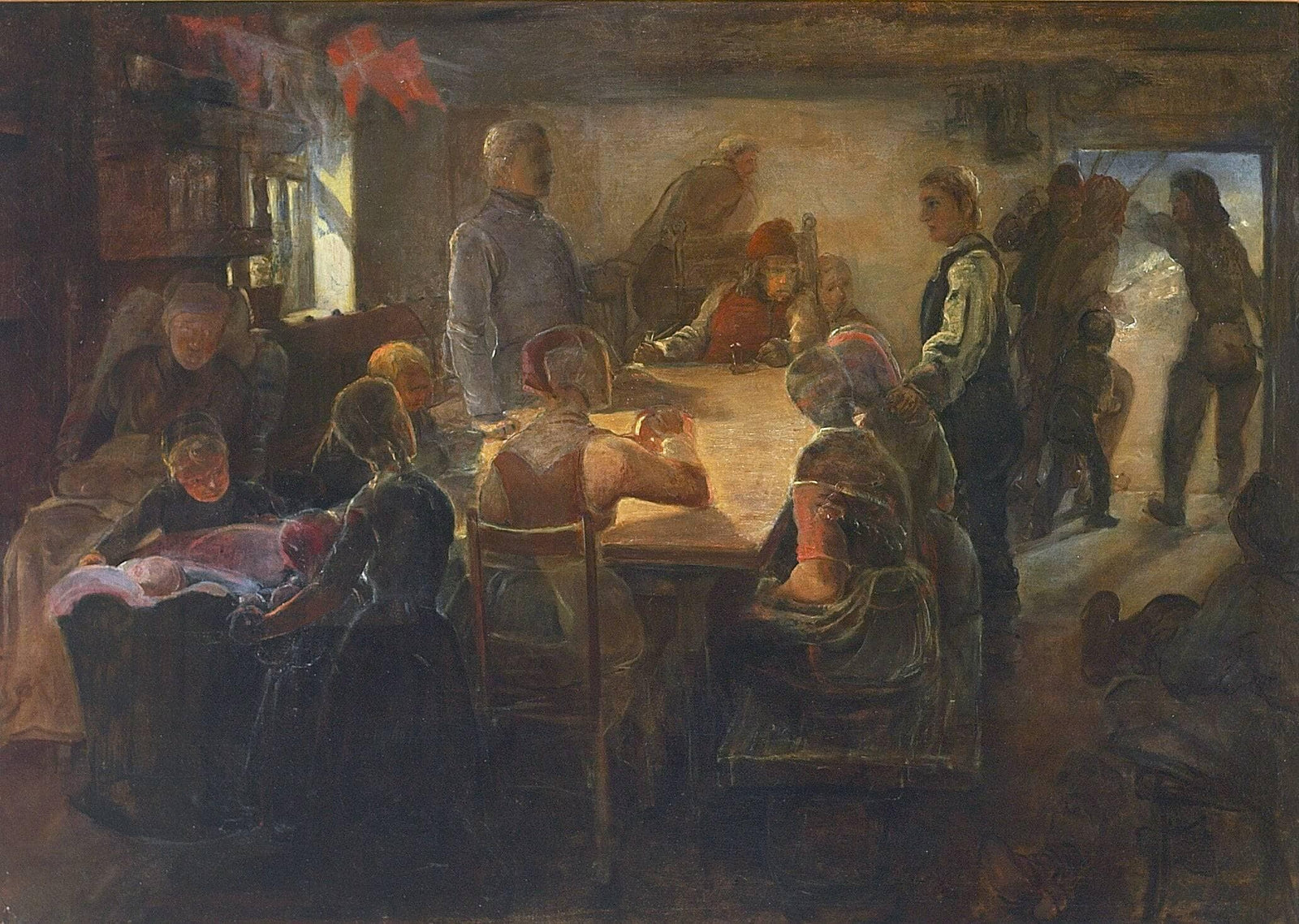 Interior with persons gathered. From Harboøre, Denmark
