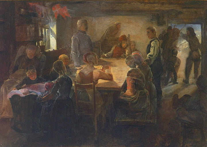 Interior with persons gathered. From Harboøre, Denmark by Elisabeth Jerichau-Baumann — hand-painted portrait oil painting reproduction on canvas