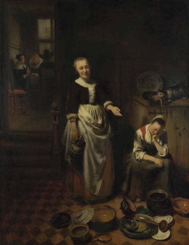 Interior with Sleeping Kitchen Maid - The Idle Servant by Nicolaes Maes — hand-painted animal oil painting reproduction on canvas