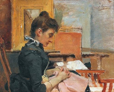 Interior with woman embroidering by Joaquín Agrasot — oil painting reproduction