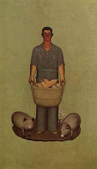 Farmer with Pigs and Corn by Grant Wood — hand-painted portrait oil painting reproduction on canvas