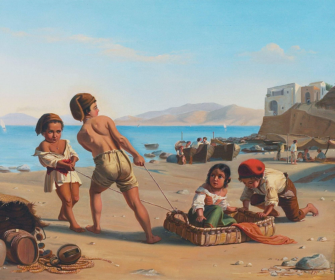 Italian beach scene with children playing by Ernst Meyer — hand-painted portrait oil painting reproduction on canvas