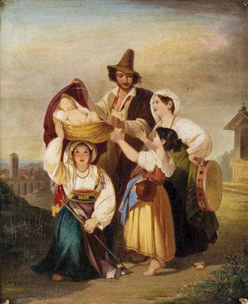Italian family with sleeping child in the countryside by Leopold Pollak — hand-painted cultural oil painting reproduction on canvas