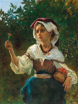 Italian girl with a small basket and a carnation before a laurel bush - Anton Romako