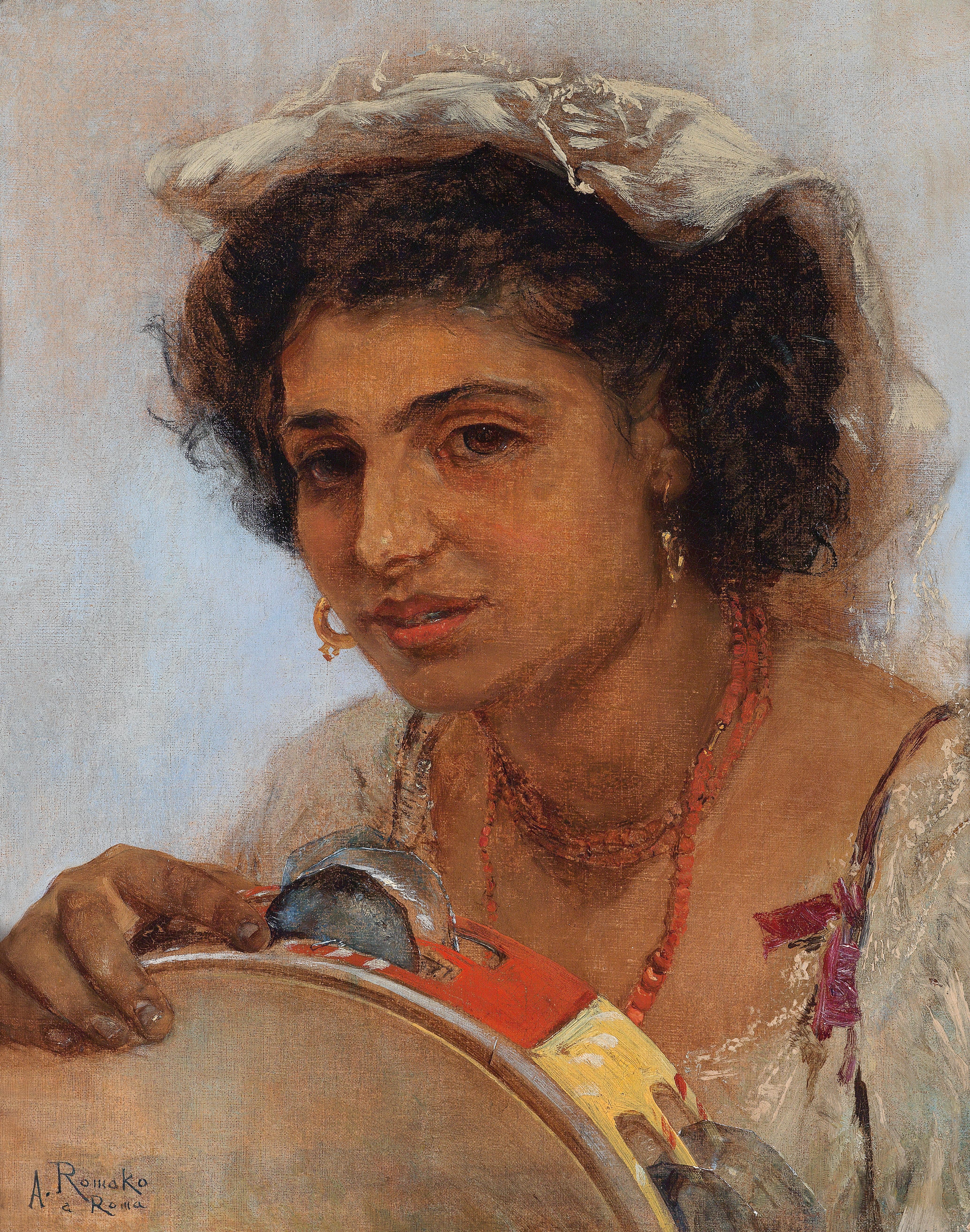 Italian girl with headscarf and tambourine - Anton Romako