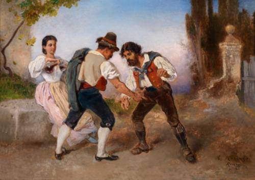 Italian Peasants Playing Morra and a Peasant Woman with Wine Bottle - Anton Romako