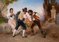 Italian Peasants Playing Morra and a Peasant Woman with Wine Bottle by Anton Romako — hand-painted portrait oil painting reproduction on canvas