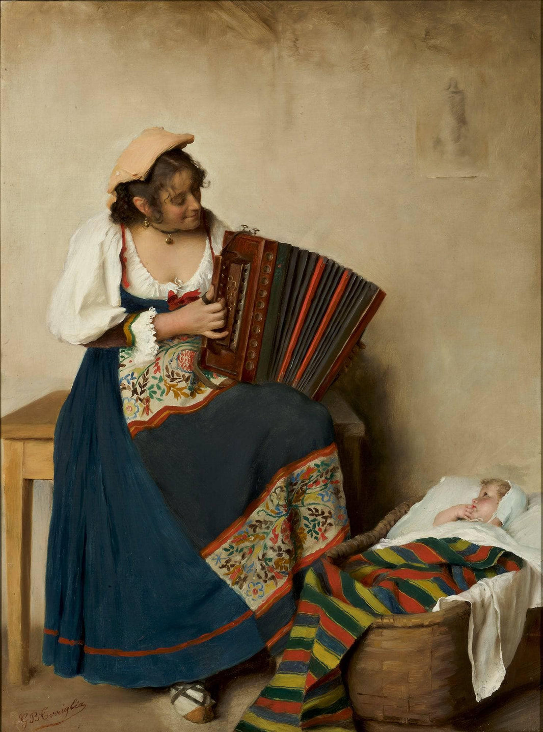 Italian woman plays the accordion for her baby by Giovanni Battista Torriglia — hand-painted portrait oil painting reproduction on canvas