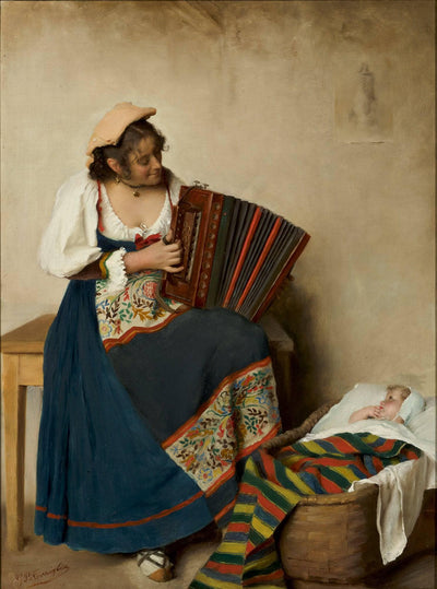 Italian woman plays the accordion for her baby in living room