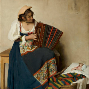 Italian woman plays the accordion for her baby