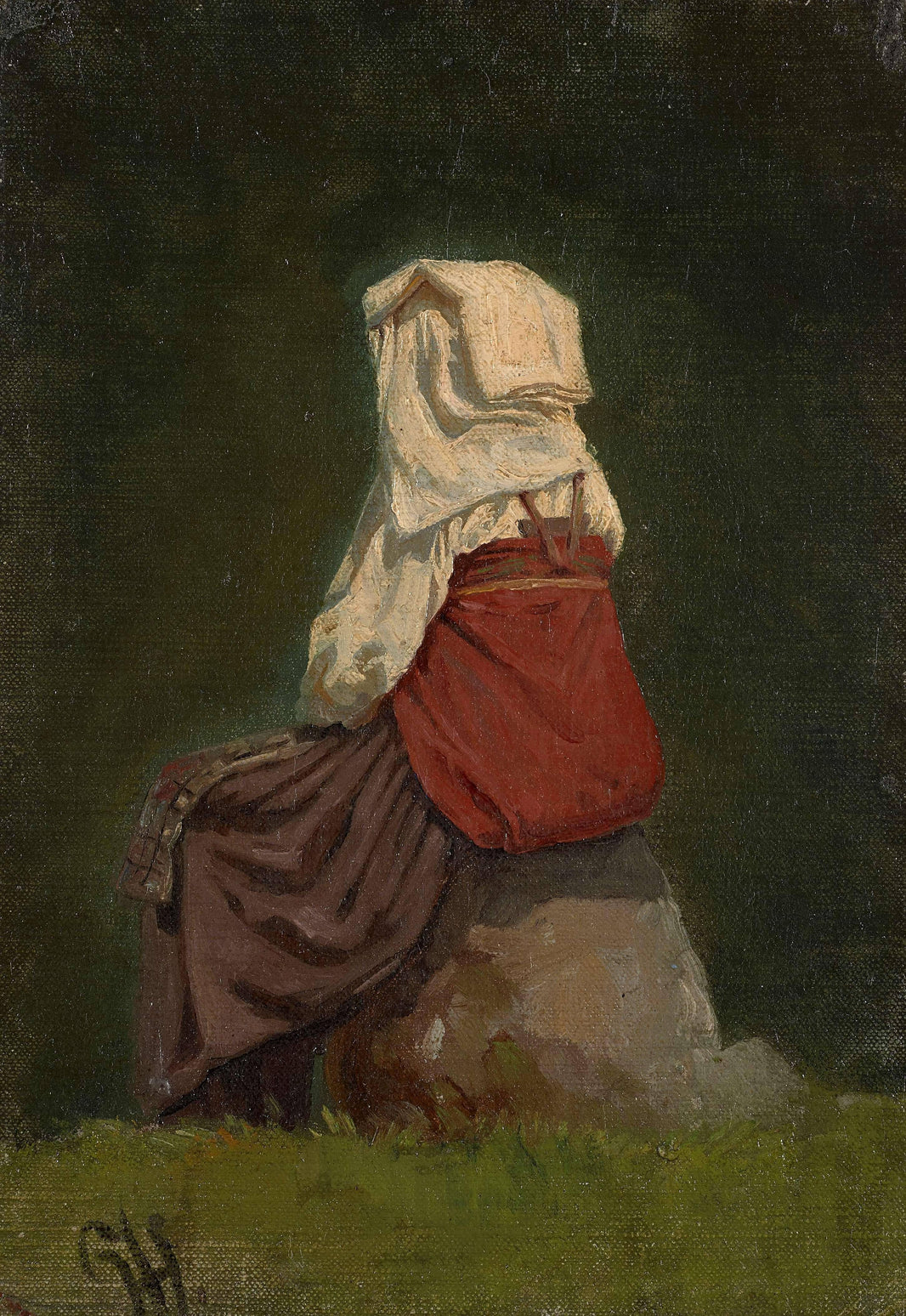 Italian woman seen from behind sitting on a rock by Harald Jerichau — hand-painted portrait oil painting reproduction on canvas