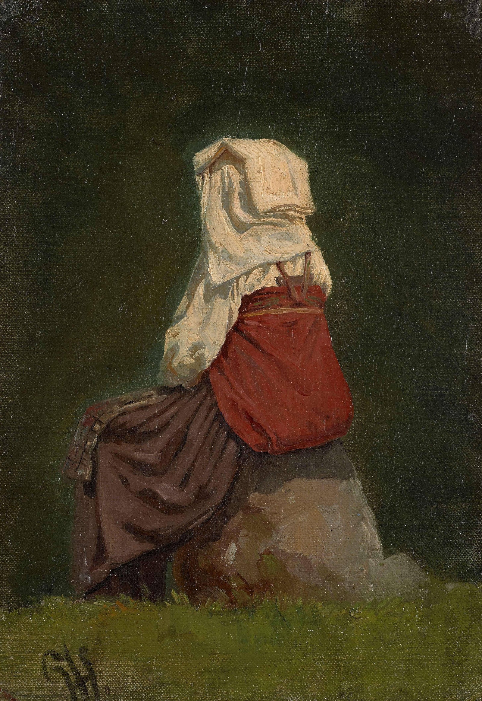 Italian woman seen from behind sitting on a rock