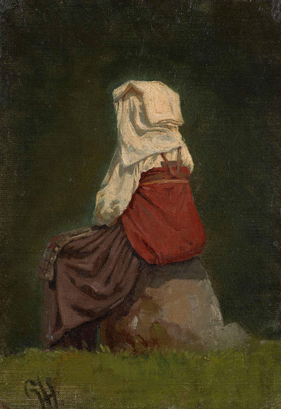 Italian woman seen from behind sitting on a rock in bedroom