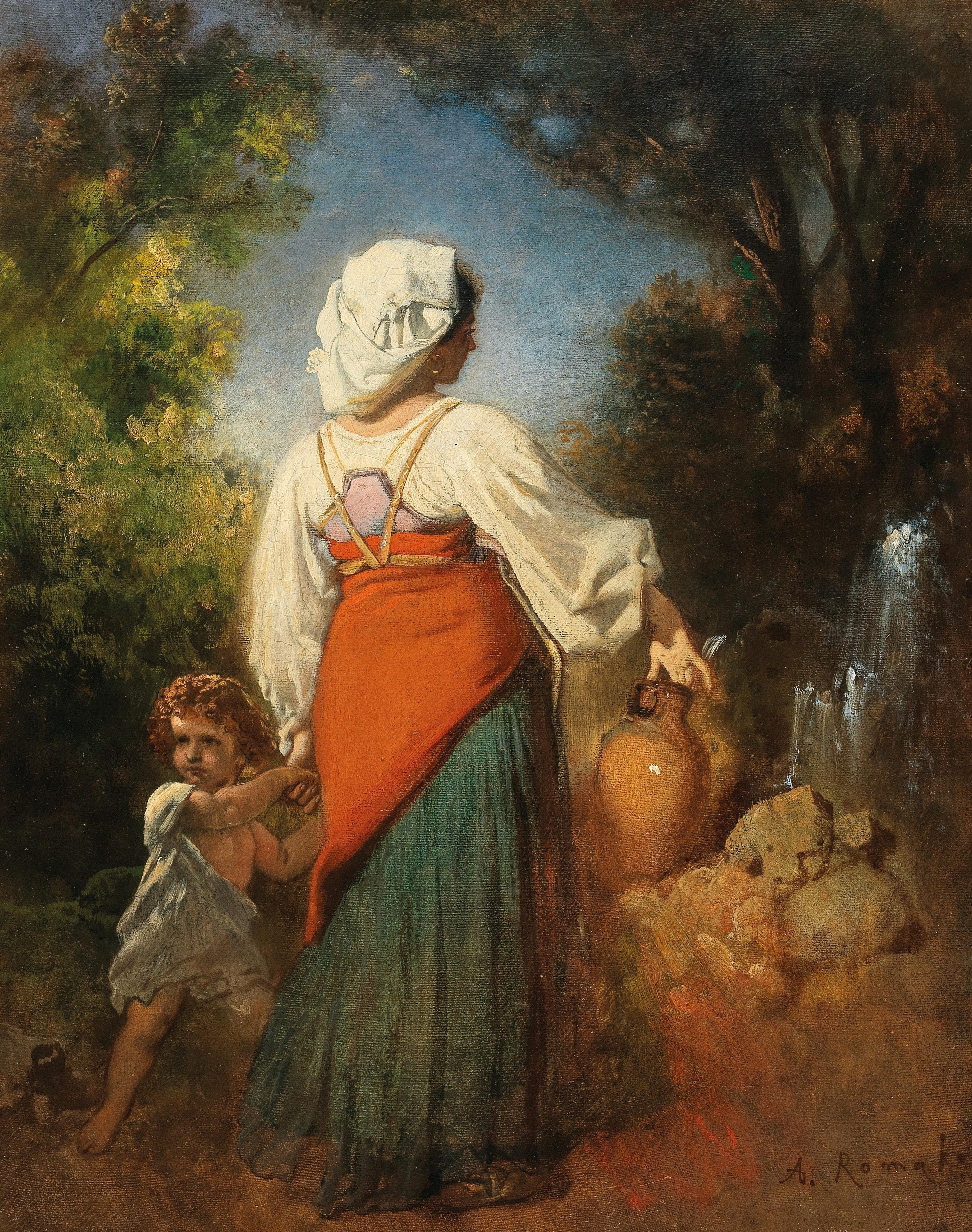 Italian woman with child at the well - Anton Romako