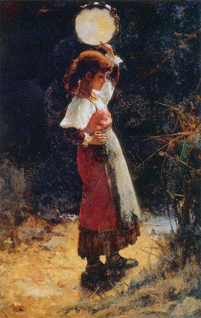 Italian woman with tambourine by Alexei Harlamoff — oil painting reproduction