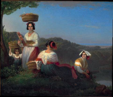 Italian women collecting meadow flowers in large baskets by Ernst Meyer, hand-painted portrait oil painting reproduction on canvas