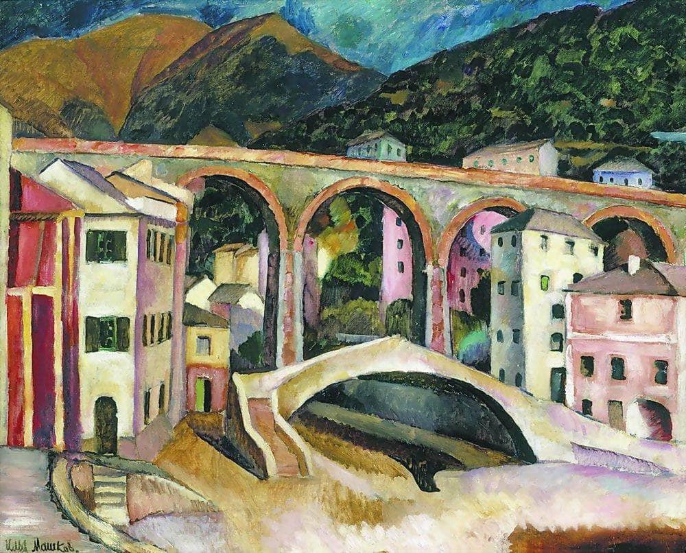 Italy. Nervi. Landscape with aqueduct by Ilya Mashkov — hand-painted architectural oil painting reproduction on canvas
