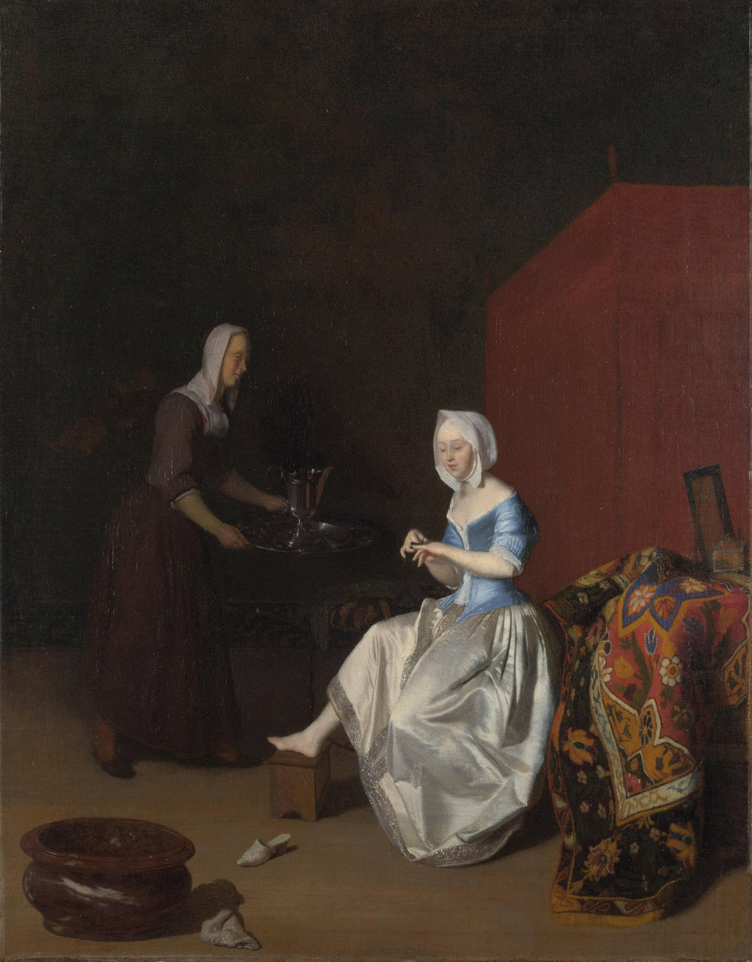 A Young Lady Trimming Her Fingernails, Attended by a Maidservant by Jacob Ochtervelt — hand-painted portrait oil painting reproduction on canvas