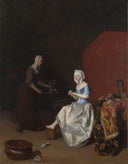 A Young Lady Trimming Her Fingernails, Attended by a Maidservant by Jacob Ochtervelt — life oil painting wall art, Baroque