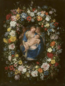 Wreath with Virgin and Child and Two Angels by Jan Brueghel the Elder — flower oil painting wall art, Baroque