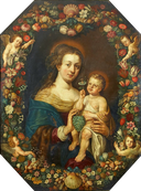 Madonna and Child in a Floral Garland by Jan Brueghel the Elder — children oil painting wall art, Baroque
