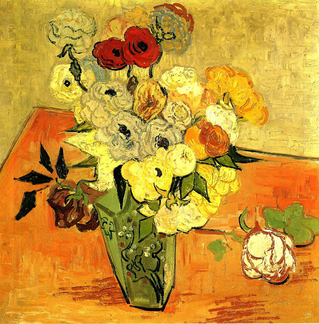 Japanese Vase with Roses and Anemones by Vincent van Gogh — hand-painted botanical oil painting reproduction on canvas