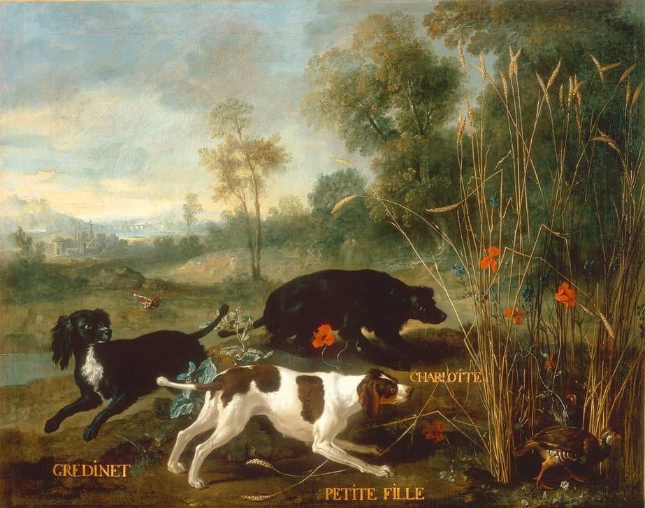 Gredinet, Petite Fille and Charlotte, three spaniels from Lou - Jean-Baptiste Oudry