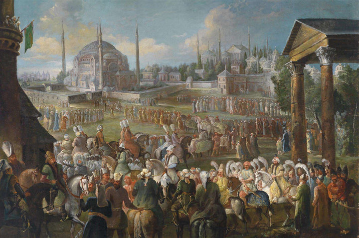 A Sultan's procession in Istanbul by Jean Baptiste Vanmour — hand-painted architectural oil painting reproduction on canvas