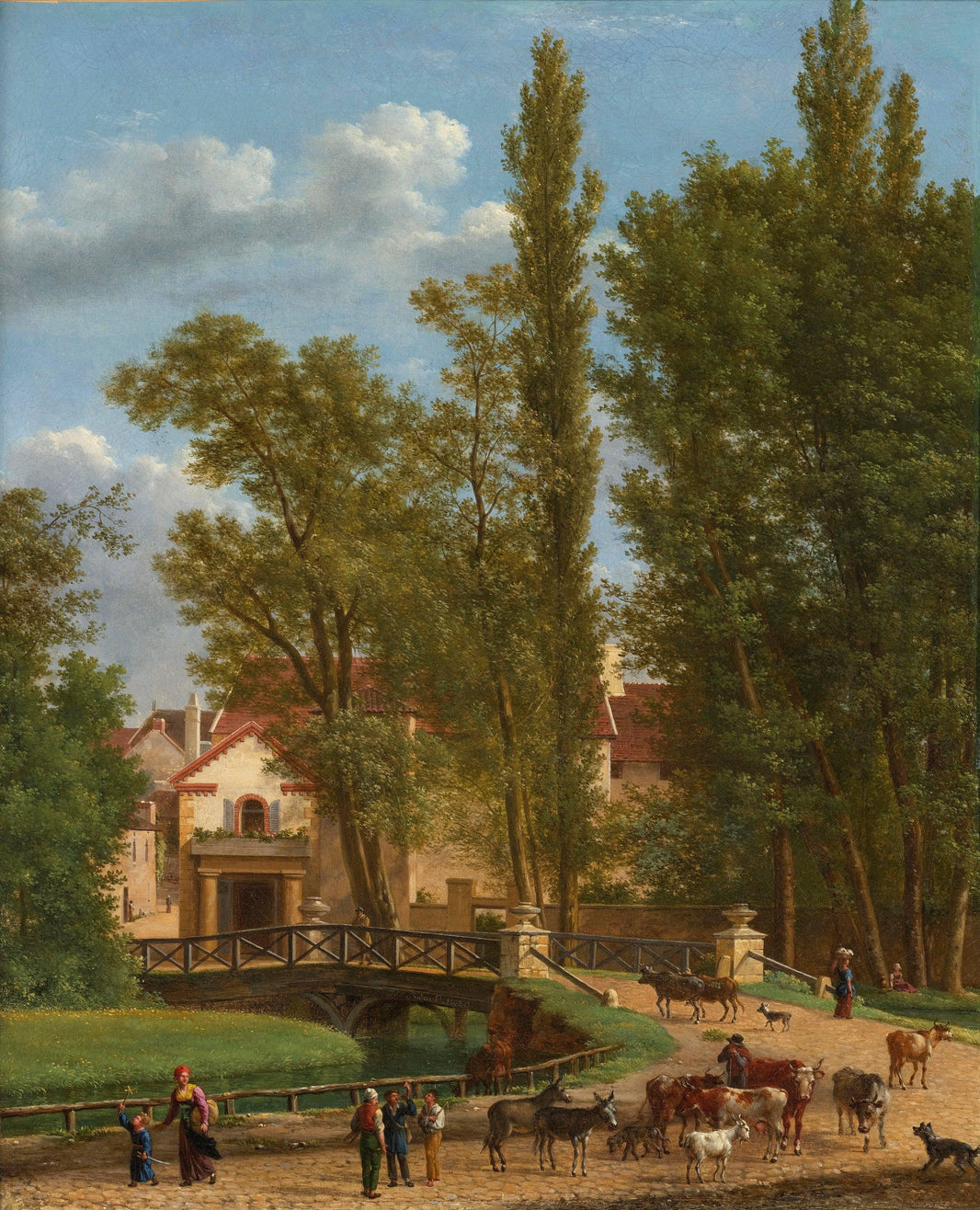 Villagers and Animals in a Landscape Beside a Bridge at the Entrance of a Village by Jean-Joseph-Xavier Bidauld — hand-painted botanical oil painting reproduction on canvas