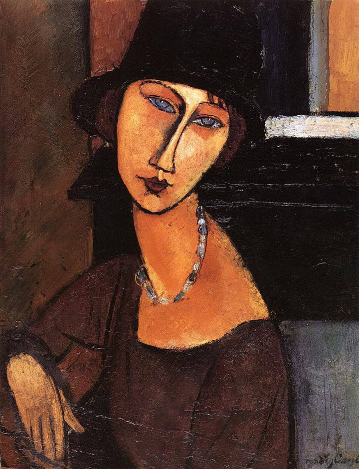 Jeanne Hebuterne with Hat and Necklace by Amedeo Modigliani — hand-painted portrait oil painting reproduction on canvas