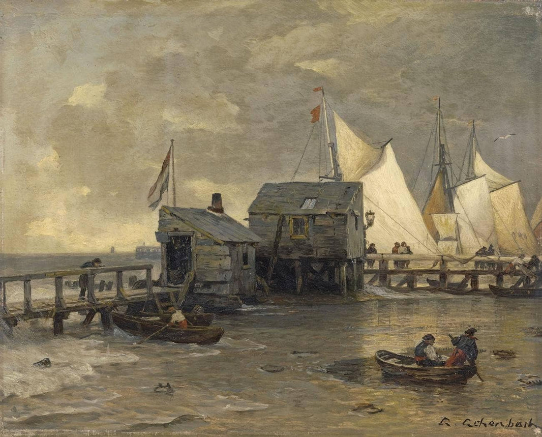 Jetty with sailing boats by Andreas Achenbach — hand-painted landscape oil painting reproduction on canvas