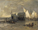 Jetty with sailing boats by Andreas Achenbach — ships oil painting wall art, Romanticism