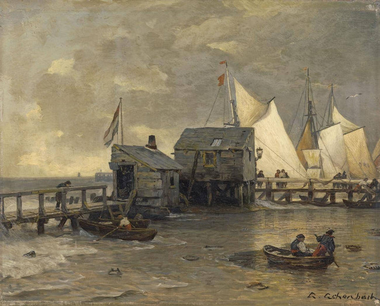 Jetty with sailing boats - Andreas Achenbach