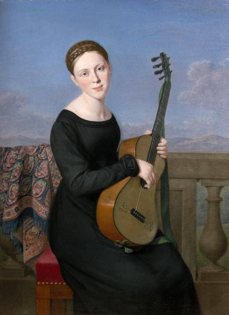 Jeune femme à la robe noire, jouant de la guitare by Adèle Romany — hand-painted portrait oil painting reproduction on canvas