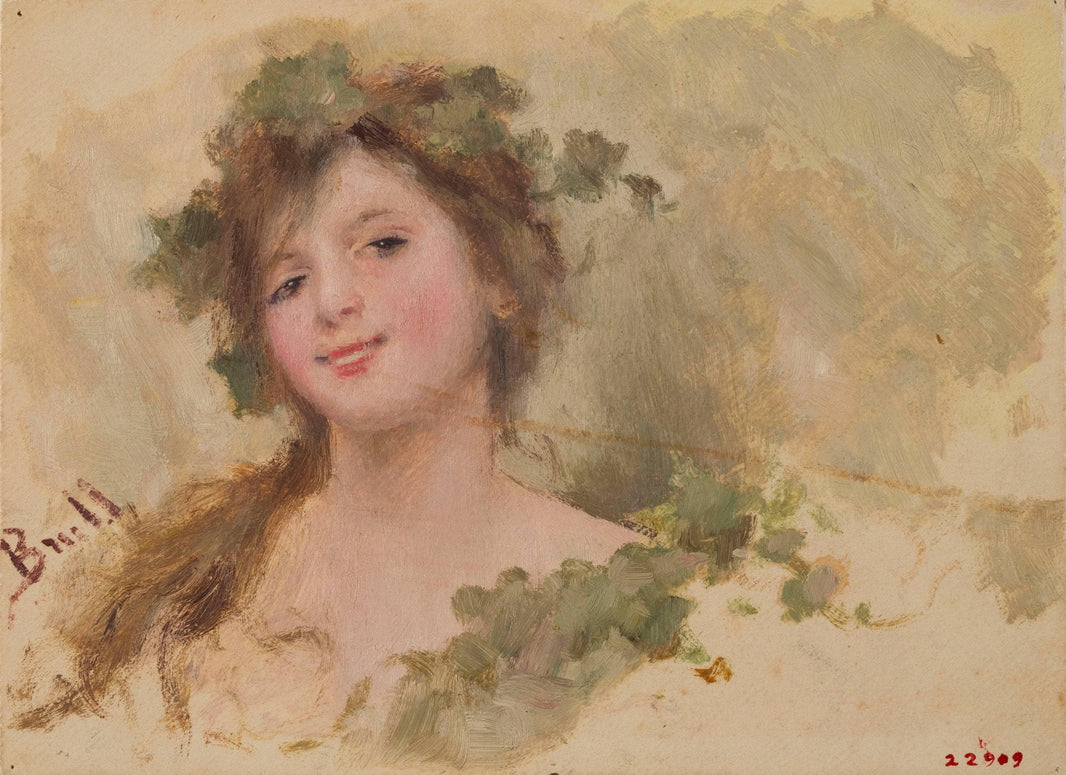 Bust of young woman smiling by Joan Brull — hand-painted portrait oil painting reproduction on canvas