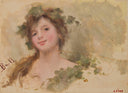 Bust of young woman smiling by Joan Brull — female oil painting wall art, Symbolism