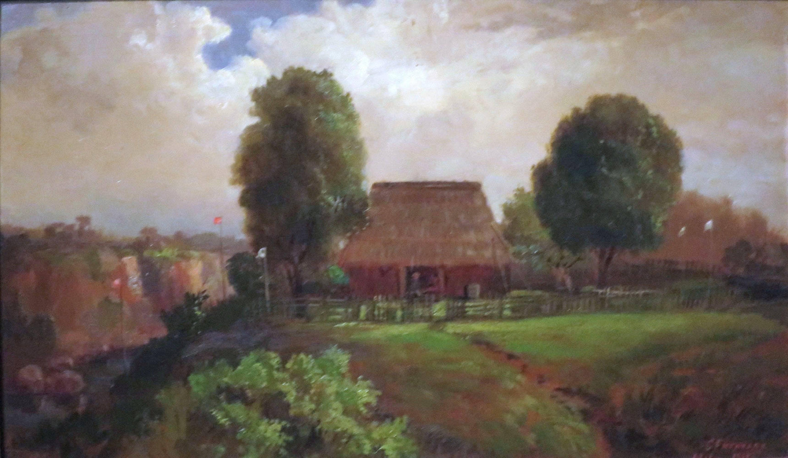 John Hall's Grass House on the Bank of Ravine, Showing Flags Set Up to Ward Off Lava - June 9, 1881