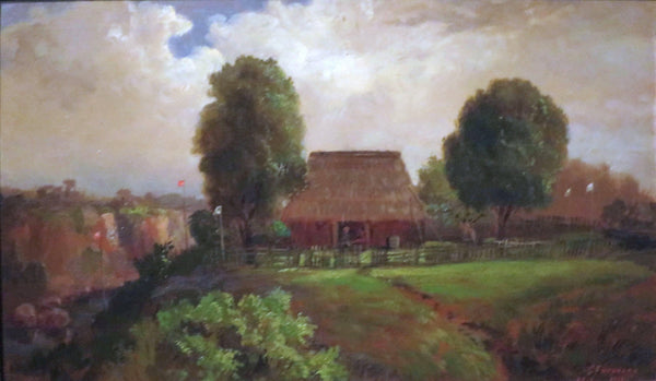 John Hall's Grass House on the Bank of Ravine, Showing Flags Set Up to Ward Off Lava - June 9, 1881