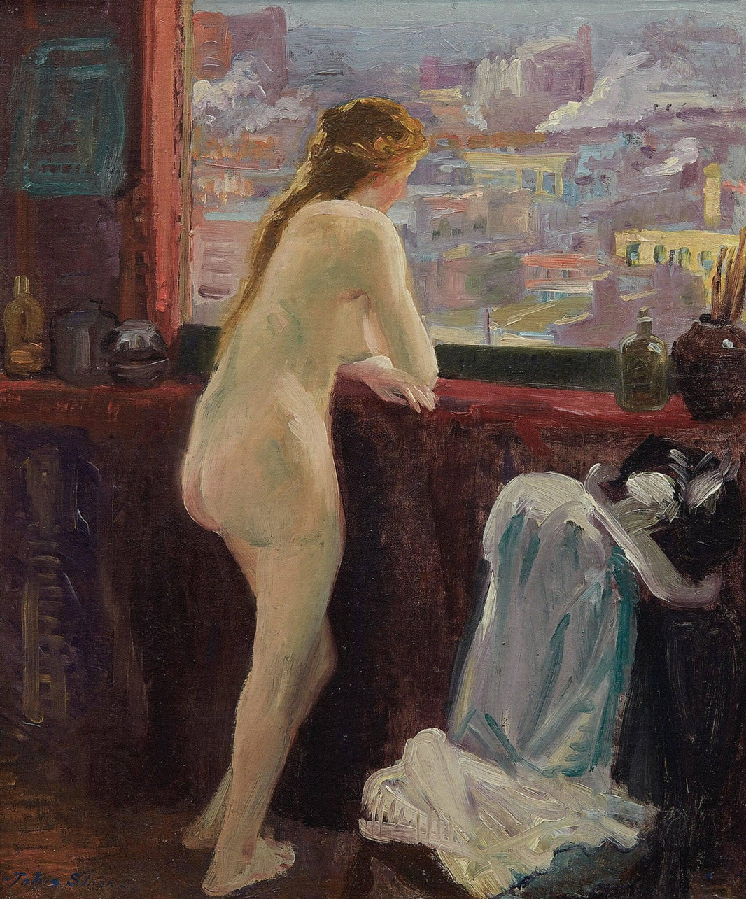 Nude at Window over Greenwich Village by John French Sloan — hand-painted nude oil painting reproduction on canvas