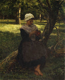 A Peasant Girl Knitting by Jules Breton — female oil painting wall art, Realism