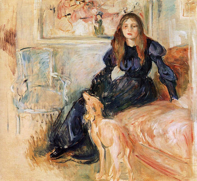 Julie Manet and her Greyhound Laerte in entryway
