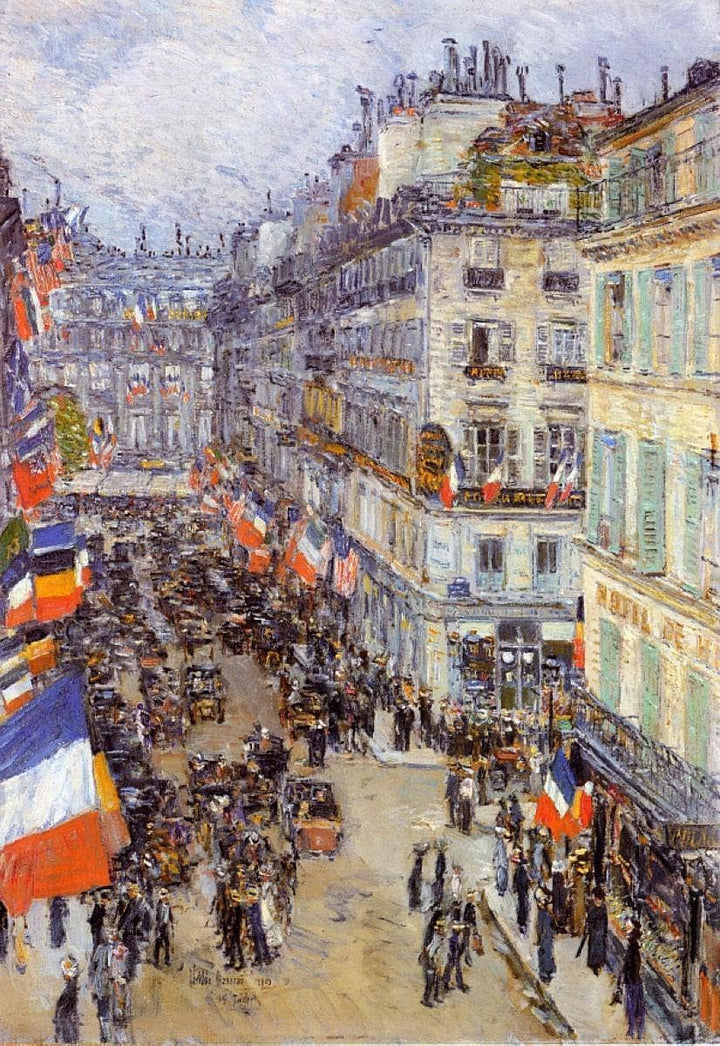 July Fourteenth, Rue Daunou by Childe Hassam — hand-painted architectural oil painting reproduction on canvas