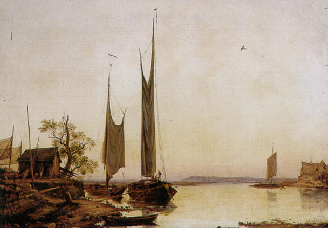 Evening Elbe landscape with moored fishing barges - Carl Julius von Leypold