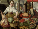 Kitchen scene, with Jesus in the House of Martha and Mary in the background by Joachim Beuckelaer — life oil painting wall art, Mannerism Late Renaissance