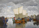 Anchored Boats by Konstantin Gorbatov — ships oil painting wall art, Post Impressionism