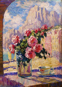 Bouquet of Flowers on the Window by Konstantin Gorbatov — hand-painted still oil painting reproduction on canvas