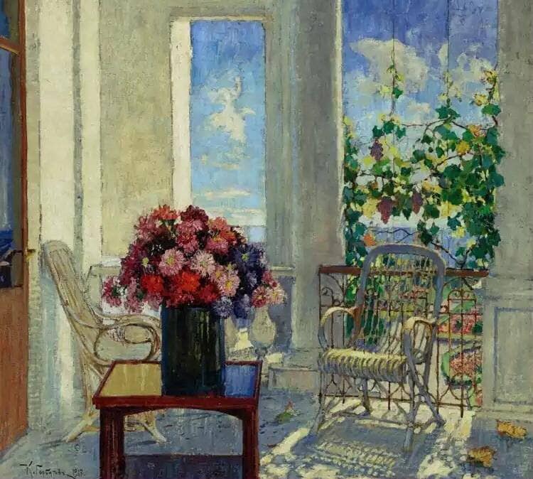 Flowers on the Veranda by Konstantin Gorbatov — hand-painted still oil painting reproduction on canvas